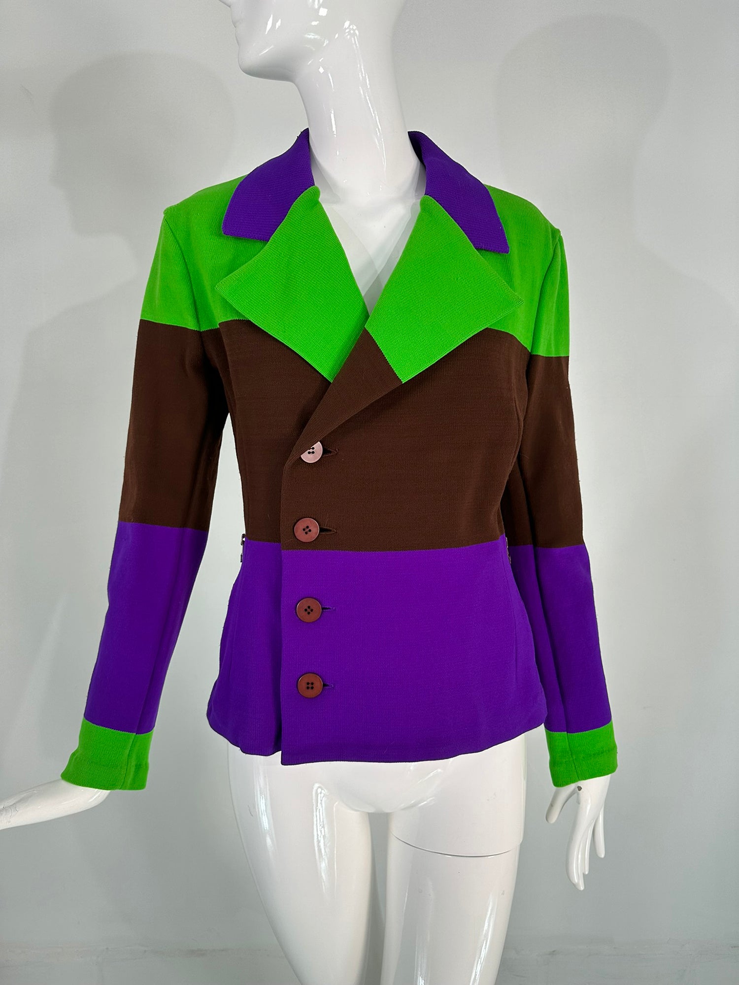 Issey Miyake Colour Block Knit Jacket in Acid Green Brown & Purple