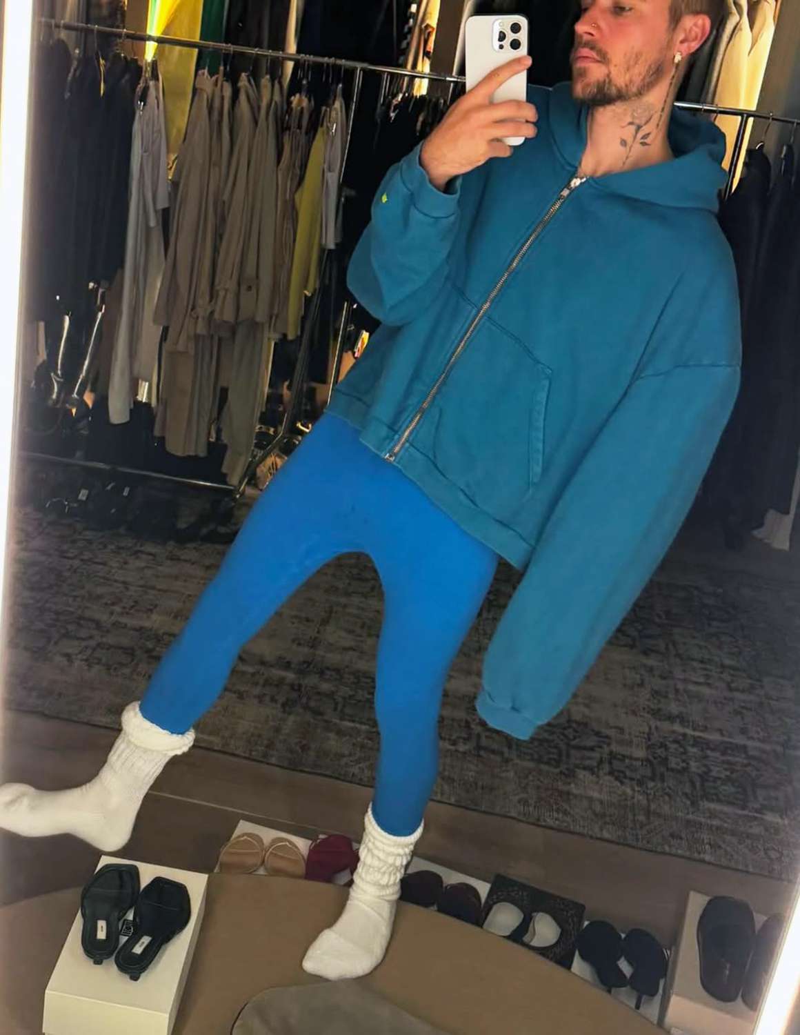 Justin Bieber Embraces Cozy Vibes as He Models Blue Leggings Ahead