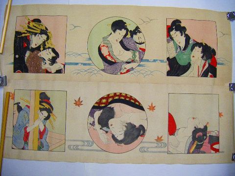 大正 浮世絵 大判 春画『彩色 木版 艶画 6画』絹本 ＜ 紙の蔵