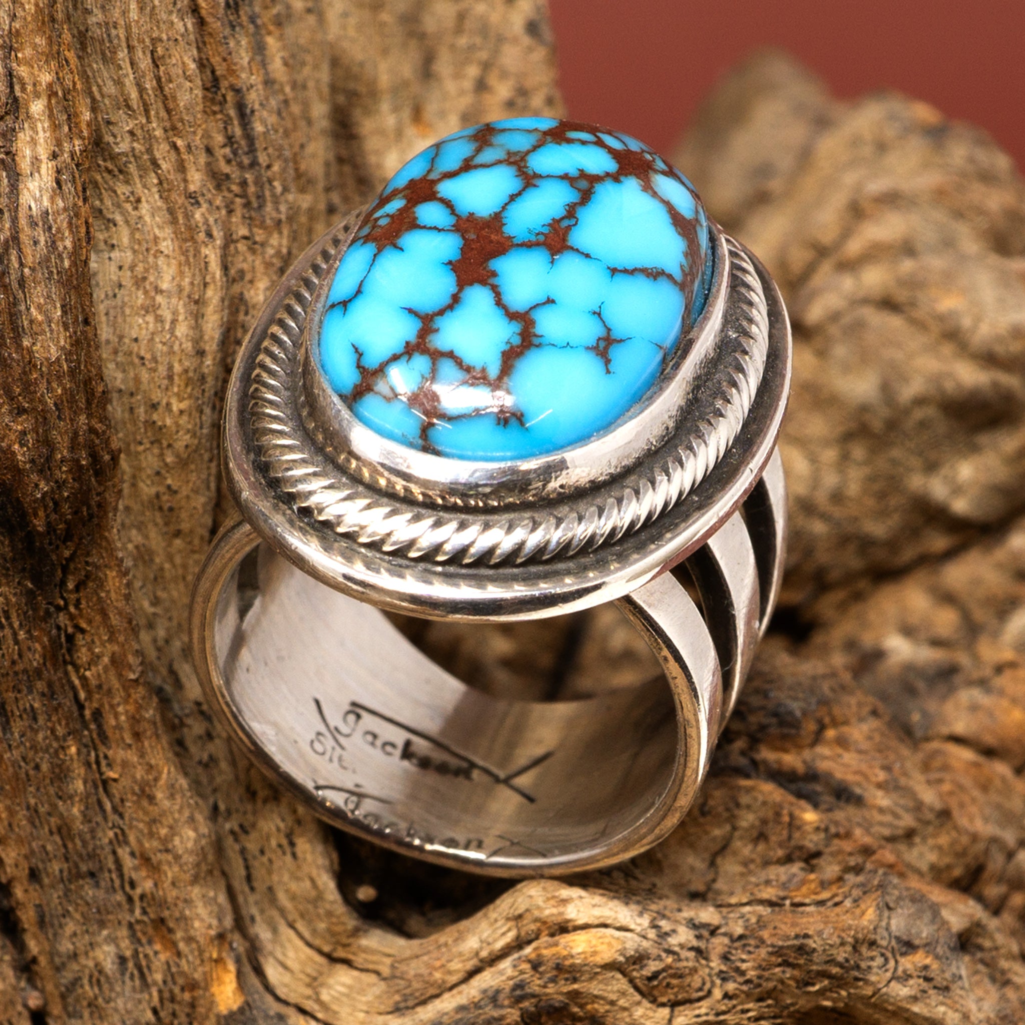 Turquoise Silver Ring Classic Setting by Tommy Jackson | Size 7.75