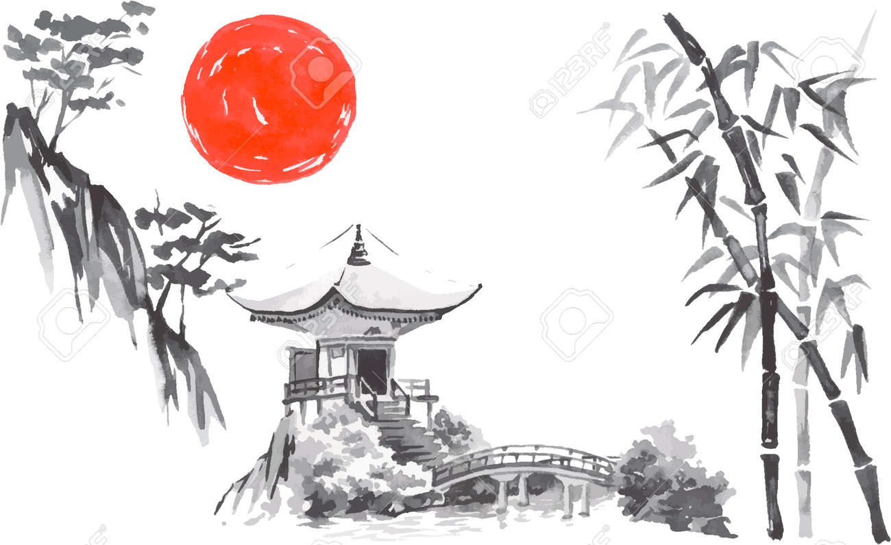 水墨画 山水風景 漁師 桜の木 水墨画 山水風景 漁師 桜の木 水墨画