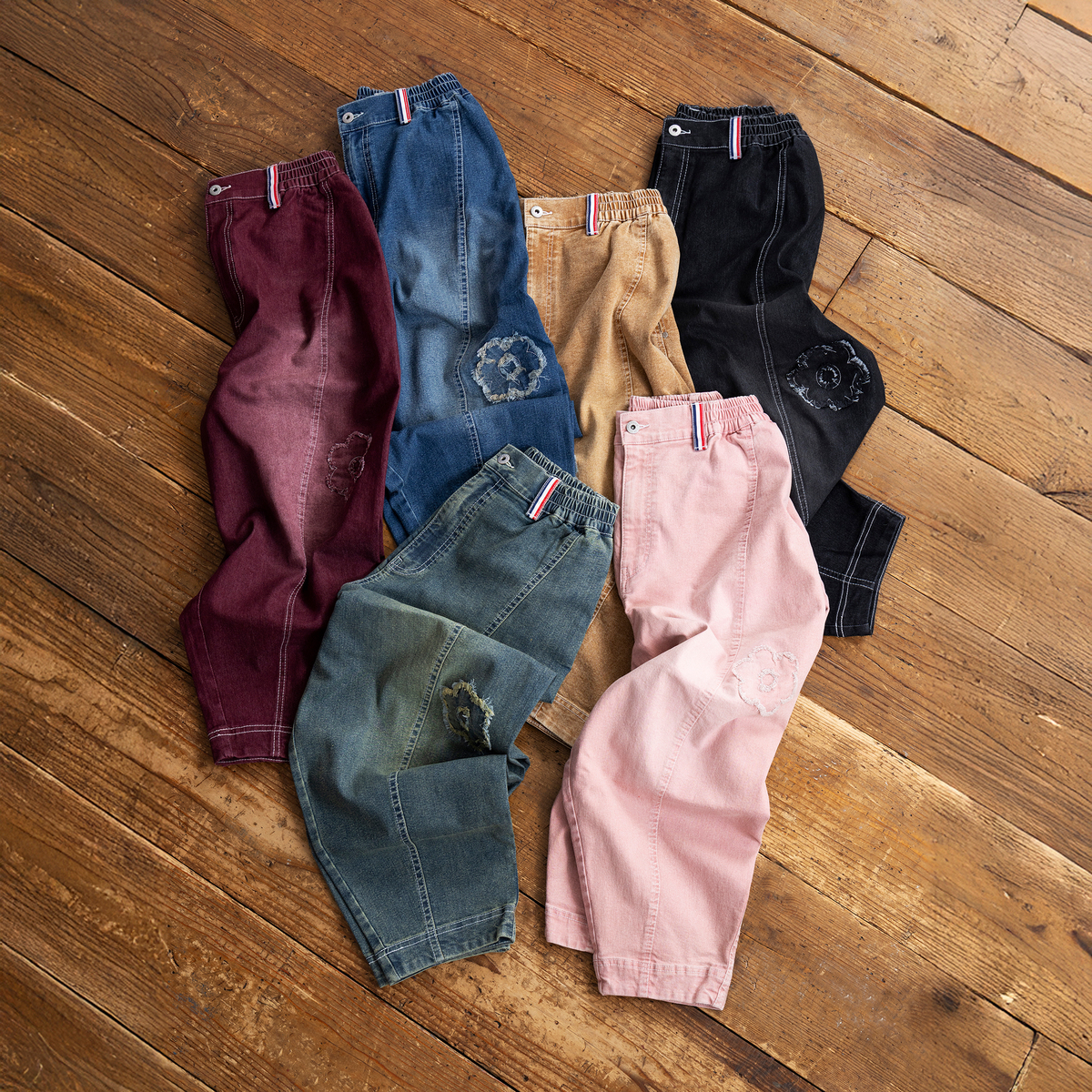 PERSONS 選べる股下フラワーパッチデニムキャットパンツ パーソンズ