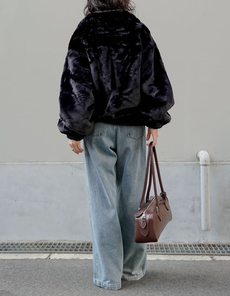 ハイネックドロスト付きフェイクファージャケット - ジャケット