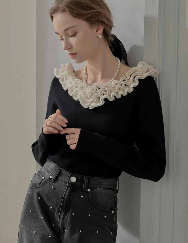 フリルVネックニットトップス - トップス通販 | 人気レディース