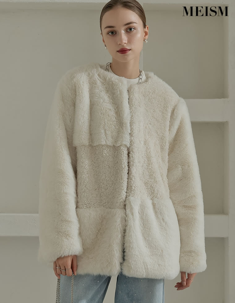 パッチワークボアファーノーカラーコート - ジャケット/アウター通販