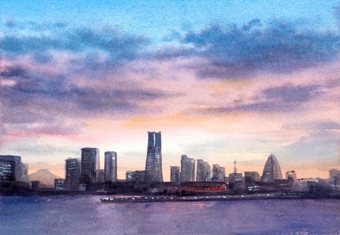 透明水彩で描く夕焼け（湖／みなとみらい） - 横浜のアートスタジオ