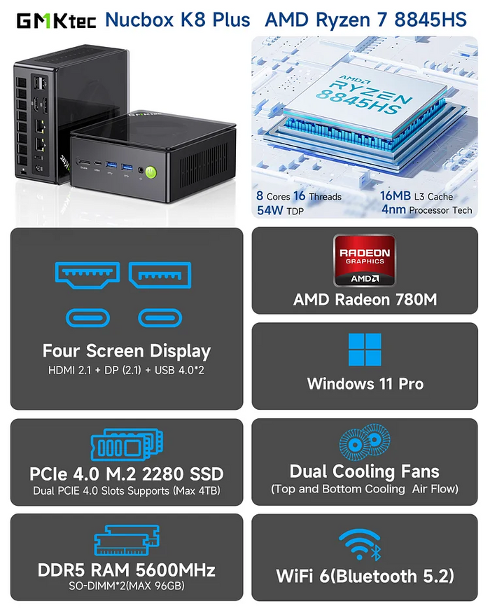 GMKtec Nucbox K8 Plus Mini PC | AMD Ryzen 7 8845HS | 32GB RAM | 1TB SS