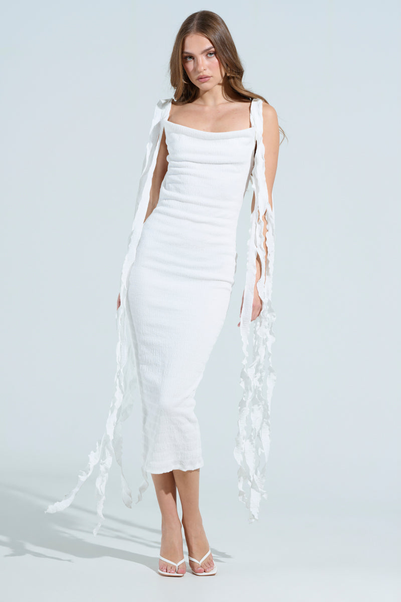 GET LIKE ME BACKLESS MIDI DRESS IN IVORY – AKIRA