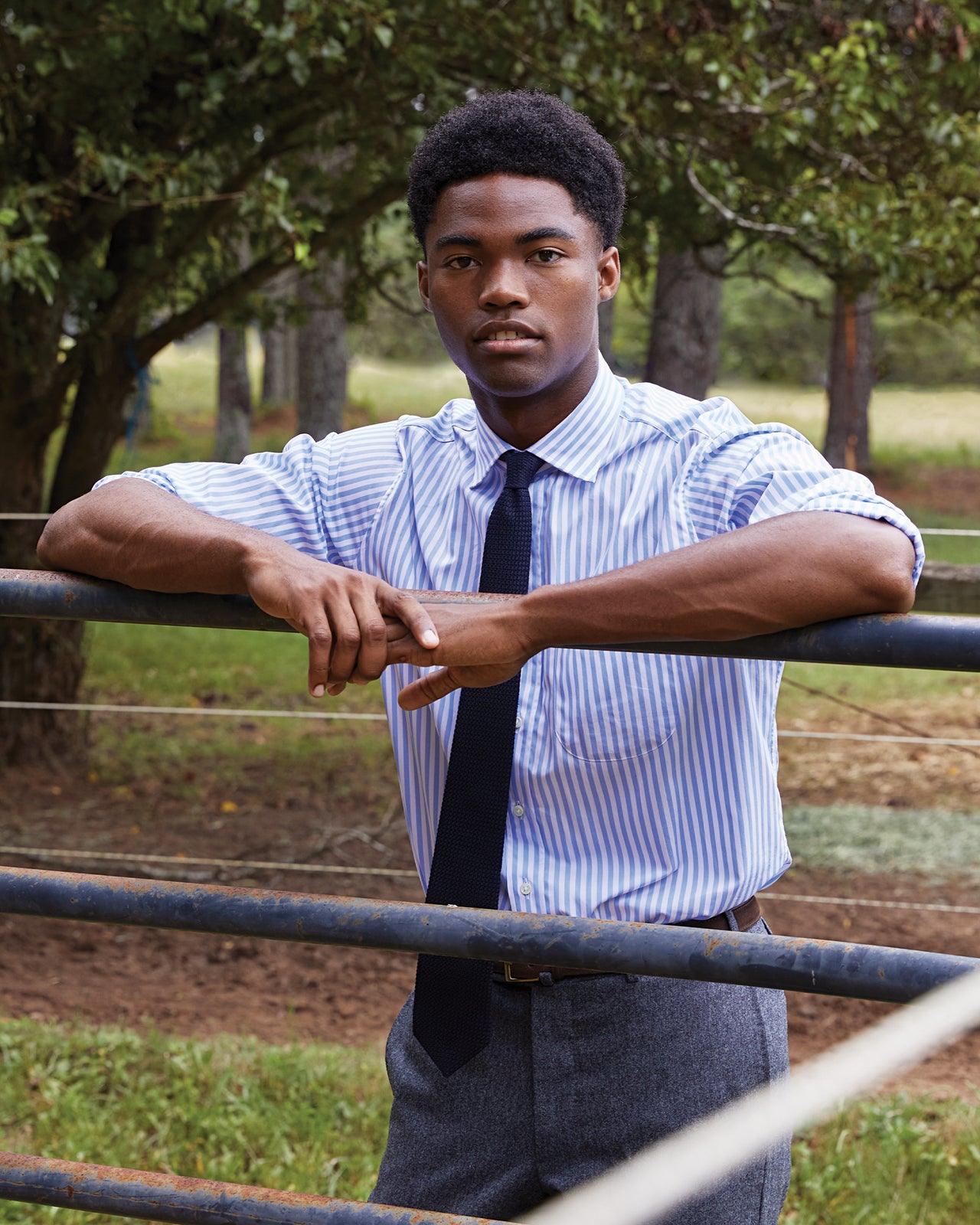 Spread Collar Dress Shirt in Sky Awning Stripe Poplin | Shop Sid