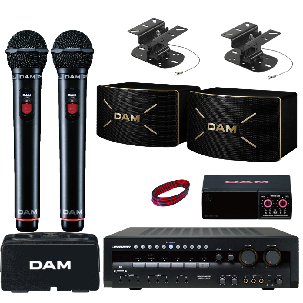 DAM カラオケスピーカーセット 黒色ワイヤレスマイク2本付き
