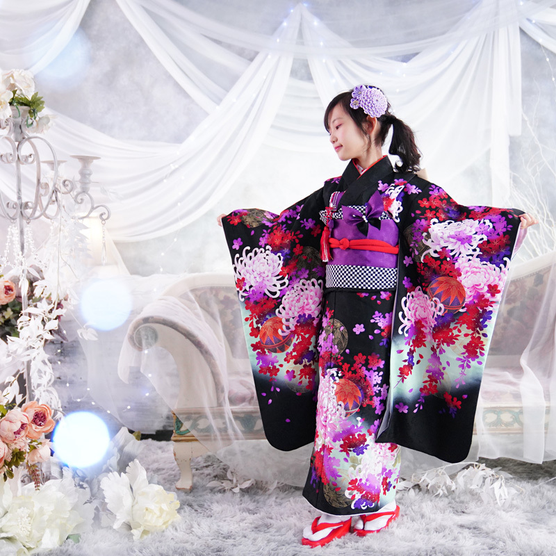 京都瑠璃雛菊 七五三 着物 7歳 フルセット 購入 販売 黒 『凛』 四つ身