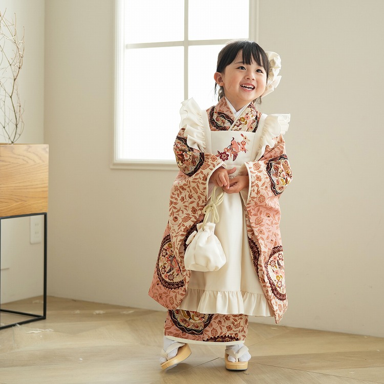 レンタル 七五三 3歳 女の子 フルセット 着物 九重 レトロ 花 ピンク系
