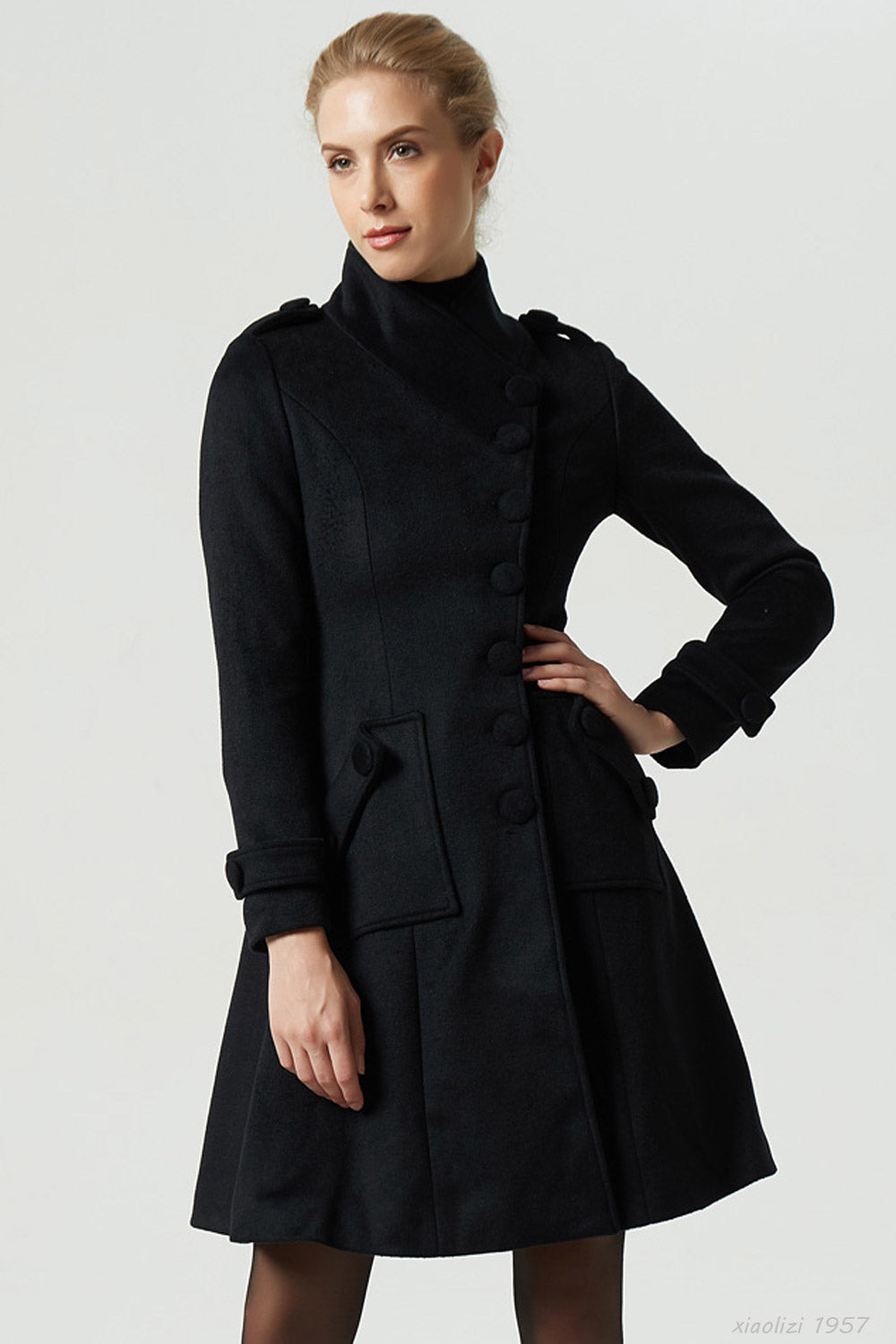 Black Wool Military Coat for Women | Stand Collar Winter Overcoat