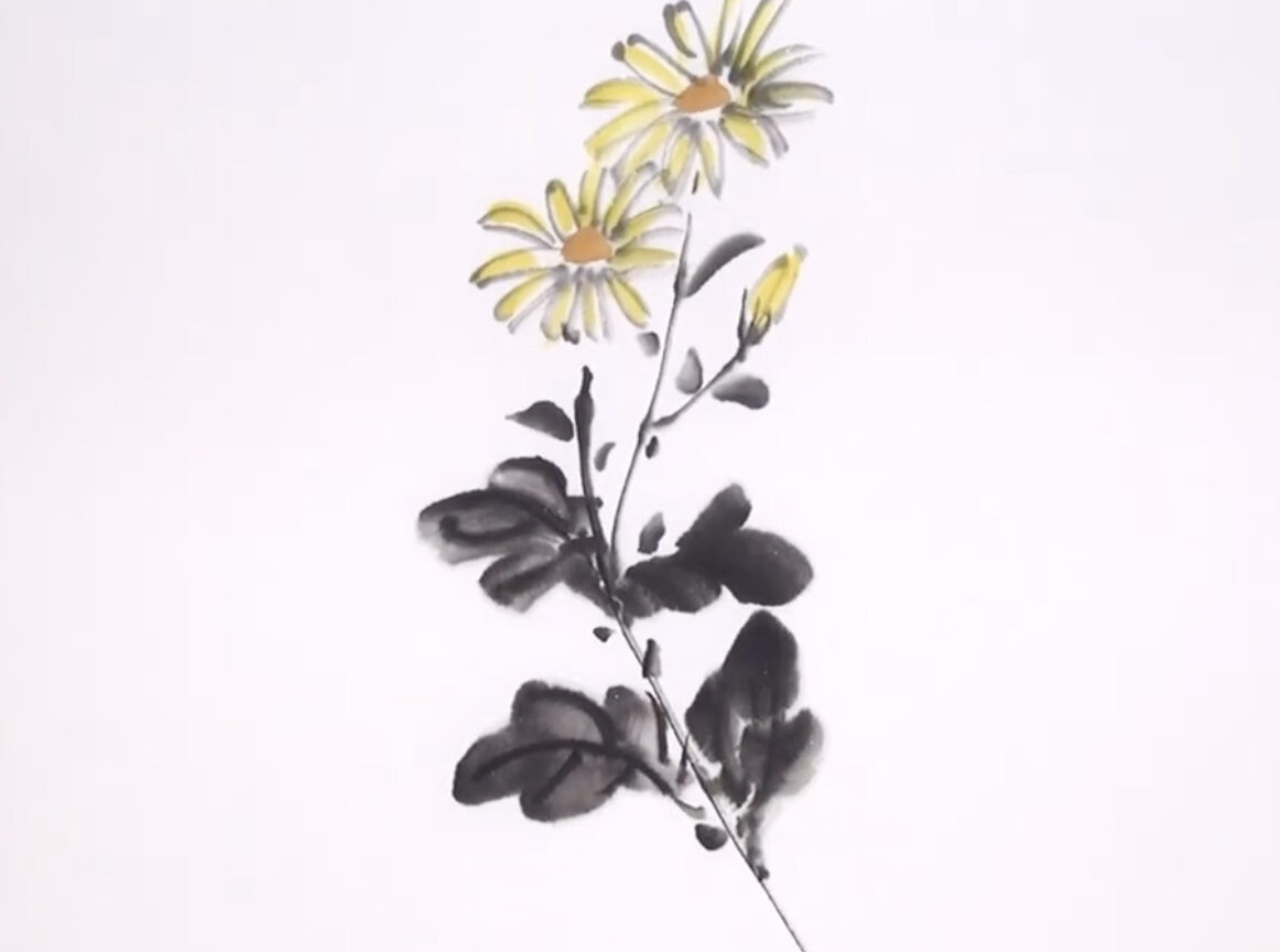 水墨画の花】四君子の菊を簡単に描く方法｜線描きでリズム良く