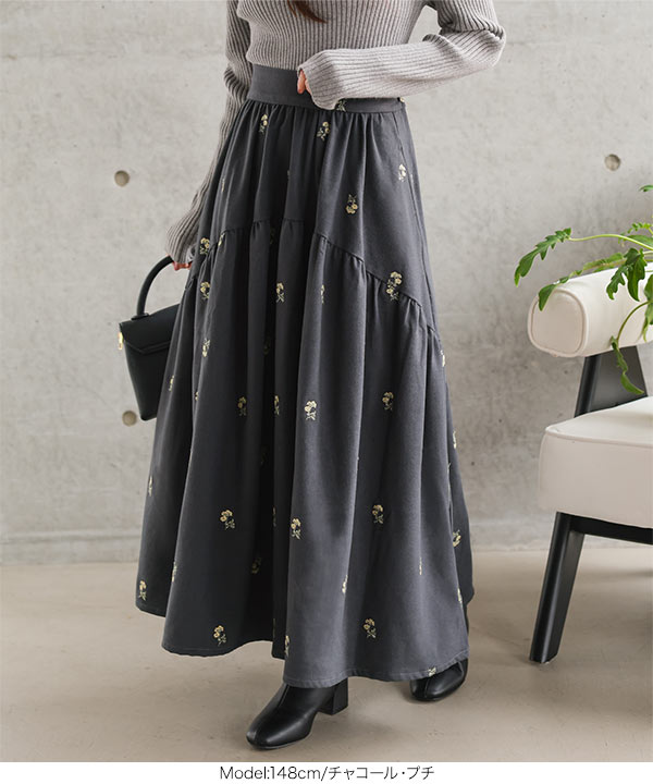 Petitle / プチレ ] 花柄刺繍ラウンド切り替えスカート [M4311