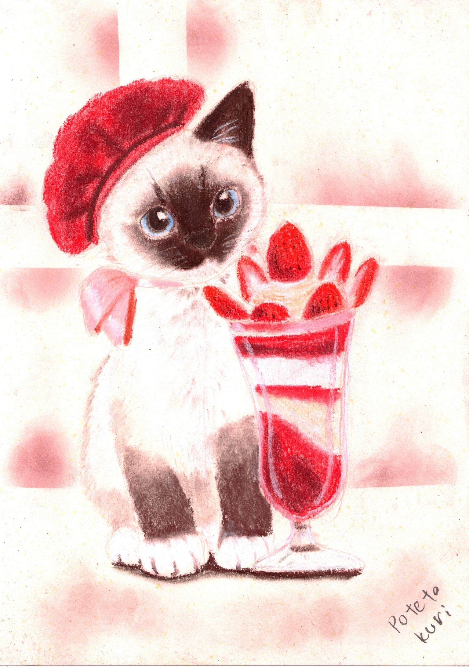 原画】シャム猫とイチゴパフェ - 猫絵専門店みーこ屋 | minne byGMO