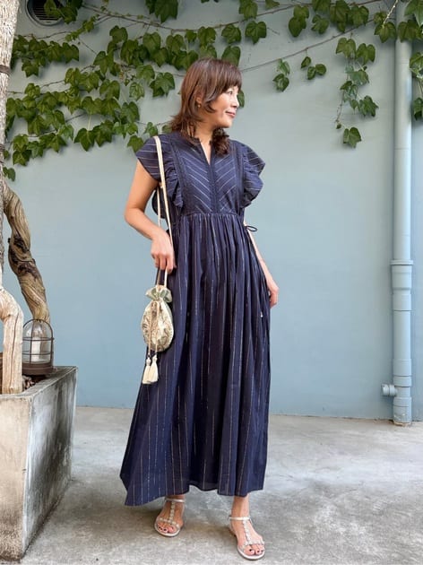 Cotton Lurex Stripe Frill Sleeve Dress | Pasand by ne Quittez pas