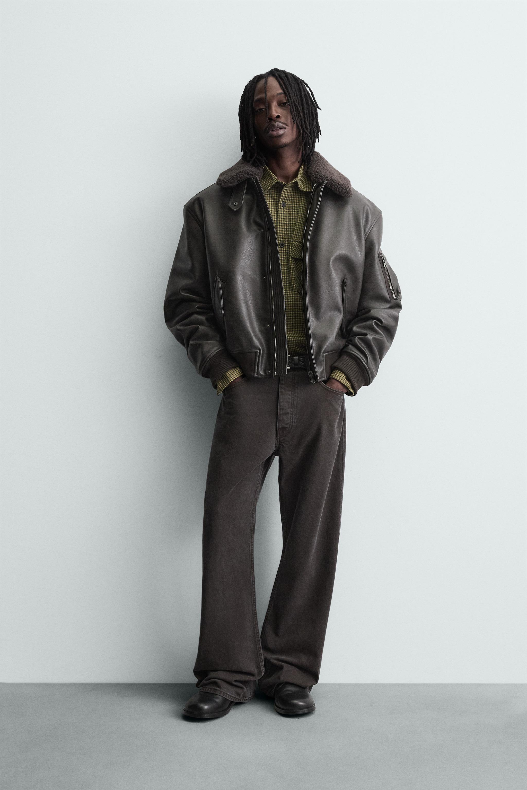 取り外し可能な襟付きフェイクレザージャケット - ブラウン | ZARA
