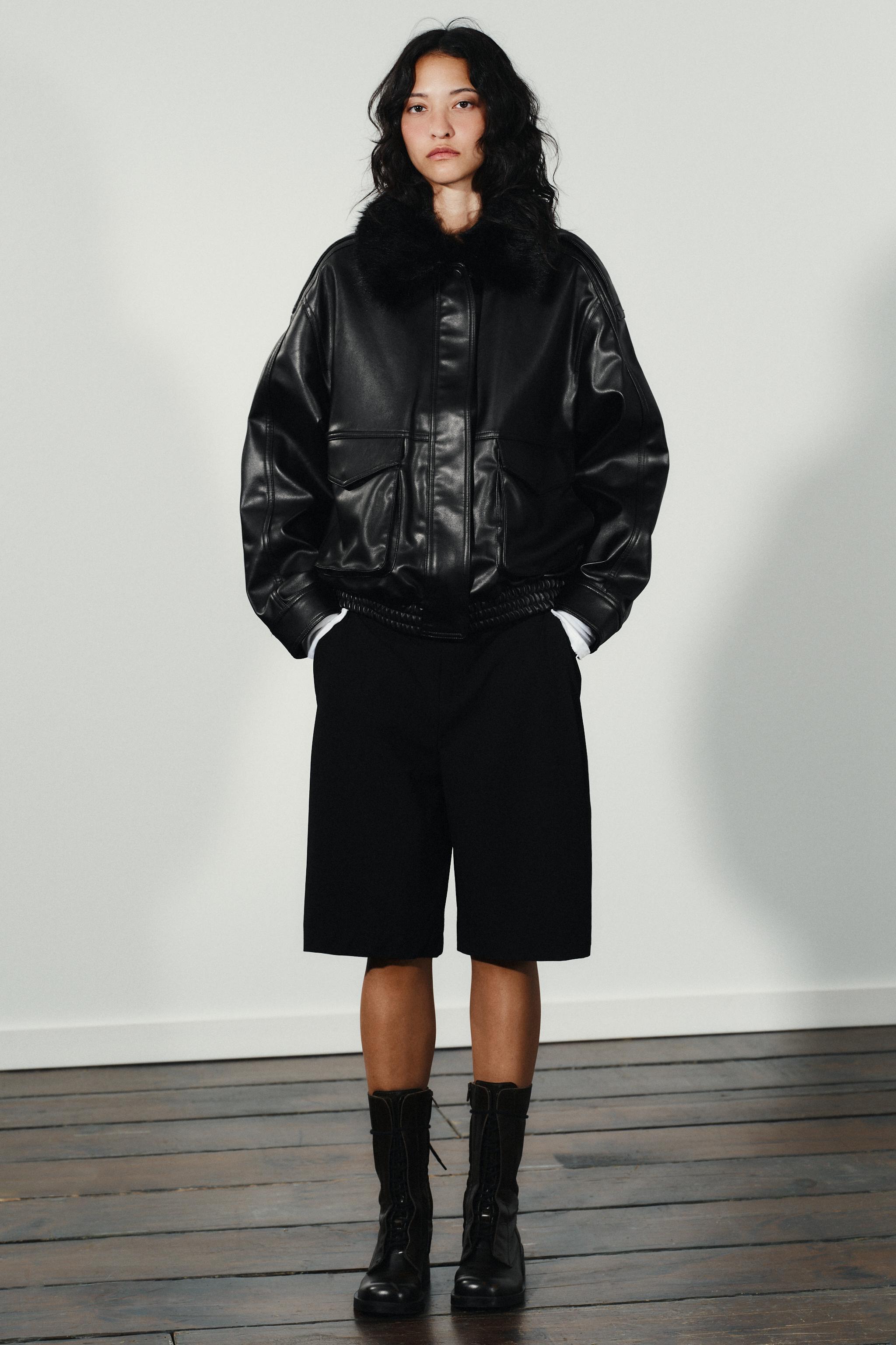 取り外し可能なフェイクファー襟付きジャケット - ブラック | ZARA