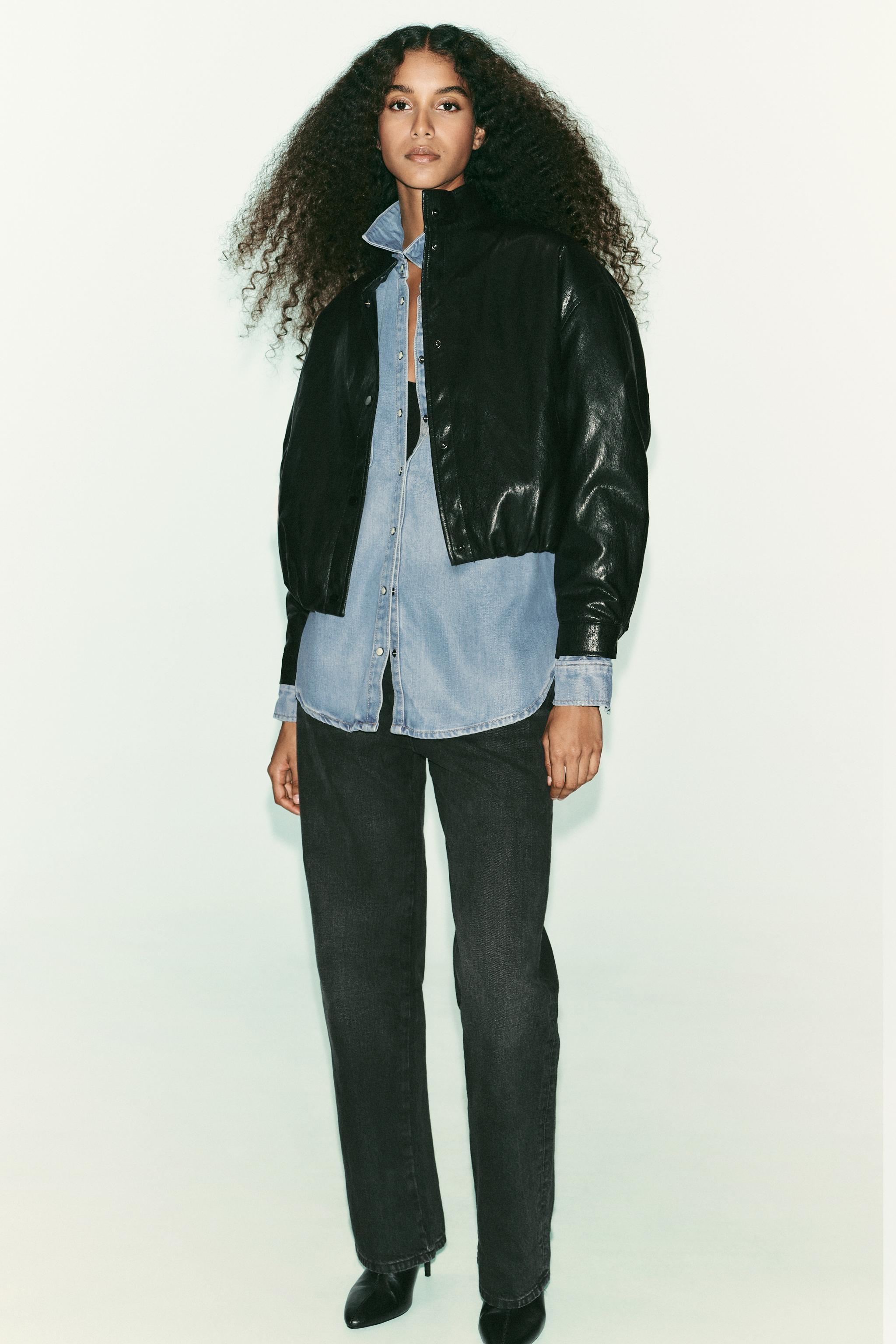 フェイクレザー ハイカラー ボンバージャケット - ブラック | ZARA