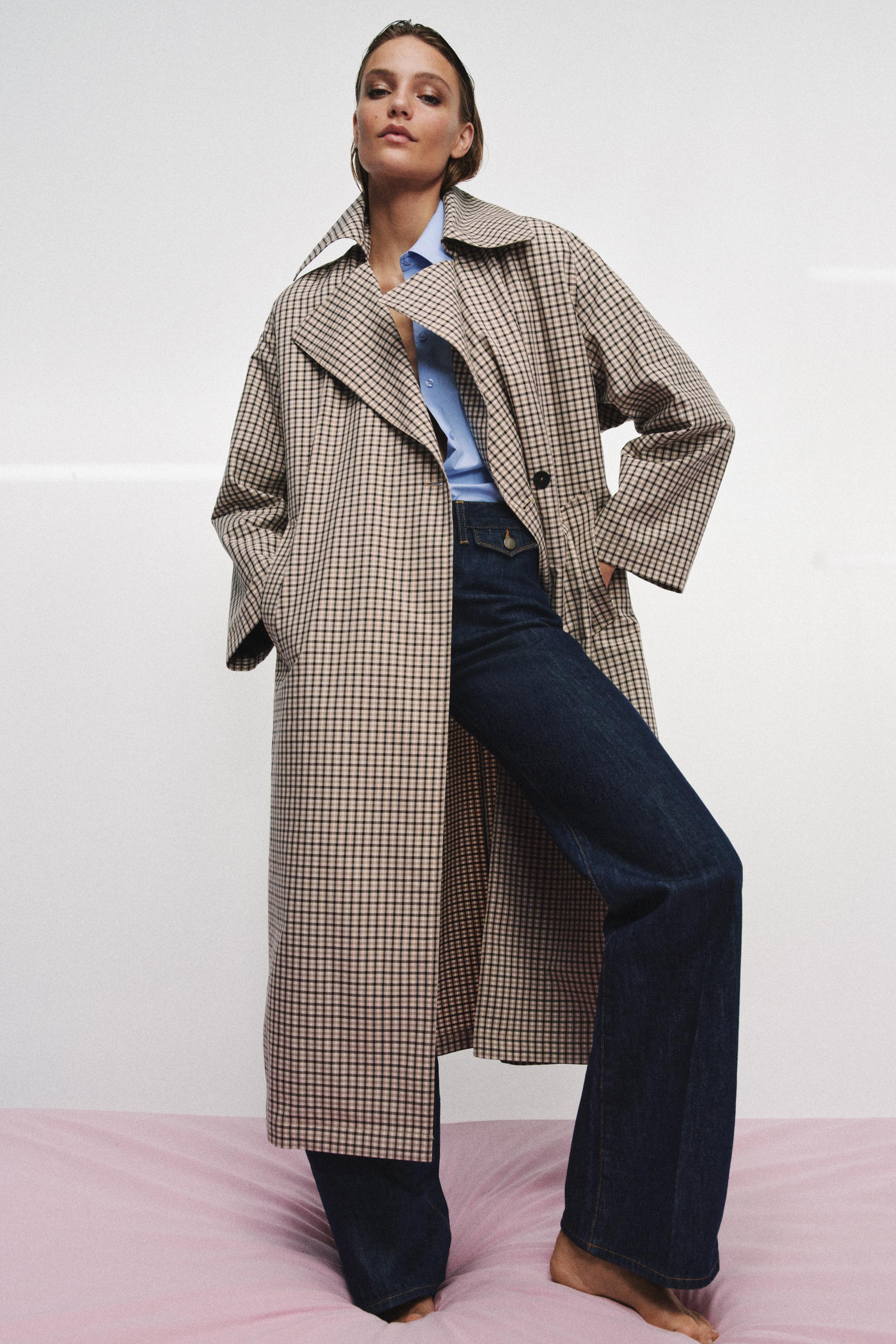 チェック柄オーバーサイズトレンチコート - ベージュ/グリーン | ZARA