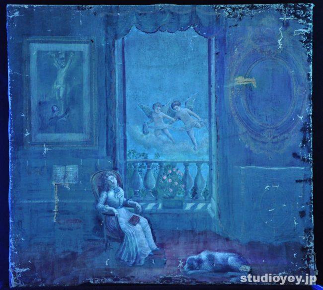 油彩画修復事例【作者不明「天使と眠る少女（仮題）」】 ①昔の補彩